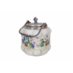 Wave Crest Hand Painted Biscuit Jar Has floral motif, silver plated handle and lid, measures 7"x5".H