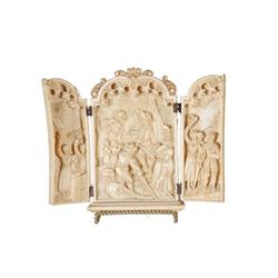 Antique Ivory Tryptic Of European descent, all hand carved, four very small hinges holding the piece