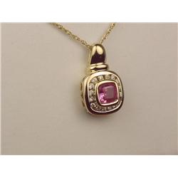Superb 14K YG Ladies Custom Made Pendant Bezel set with a fine pink sapphire and channel set with a 