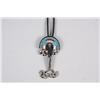 Image 1 : Zuni Men's Bolo Tie Inlaid turquoise, onyx, Mother of Pearl, and red coral. Set in beautiful sterlin