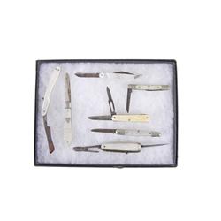 Collection of 7 Small Pocket Knives 6 have Mother of Pearl handles and 1 Farber Bros ivory handle, a