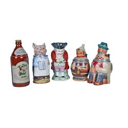 Collection of 5 Character Steins 1 pig signed stamped "Dresden Art, Germany", 1 tinman signed and st