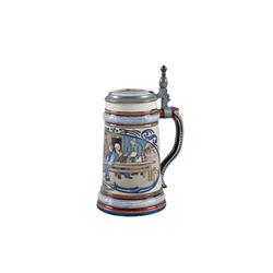 Mettlach Stein .5L #2632 Figural Octoberfest scenes, stamped Mettlach on bottom, in overall good con
