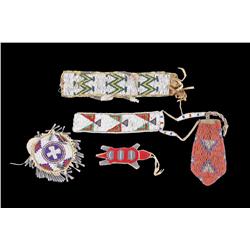 Lot of Beadwork Including a Sioux peace medal with a fully beaded and jingle cone pouch; two beadwor
