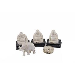 Collection of 5 Antique Ivory Nimskis 3 Buddha's, 1 elephant, and 1 bead which has faces carved into