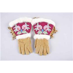 Contemporary Men's Leather Gauntlets Floral beaded designs, fringed, trimmed in white fur.Floral bea