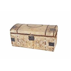 Antique Rawhide Trunk With brass tack details, circa 1850s, shows age, measures 25"Lx11"Hx15"W, line