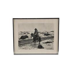 Limited Edition Fine Art Print By Gene Matras, #19/135, depicting an Indian on horseback, image size