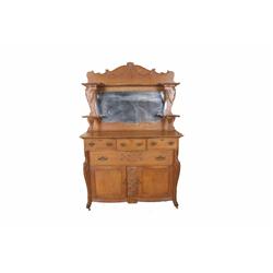 Oak Buffet With Applique Carved Decoration Beveled mirror, nice original hardware, measures 50"Lx23"