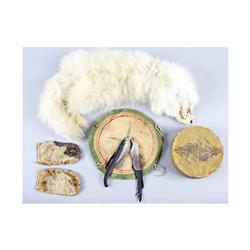 Lot of Miscellaneous Native American Items A white fox pelt, a small buckskin drum, a rawhide hand p