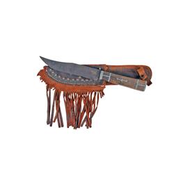 Early Skinning Knife w/Wood & Pewter Handle Blade measures 6", 11" overall, with leather sheath that