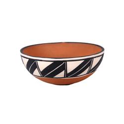 Santo Domingo Pueblo Terra Cotta Bowl Has white and black geometric design, signed "AMTL SDP" on bot
