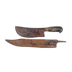 Collection of 2 Mexican Hacienda Camp Knives One made by J Velasco, show heavy age, blood marking.On