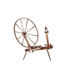 Early Oak Flax Spinning Wheel In overall excellent condition with a box of accessories, late 1700s t