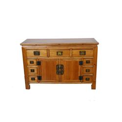 Asian Elm Sideboard Cabinet Measures 35 x53 x20 , a square cornered cabinet with miter joints, three