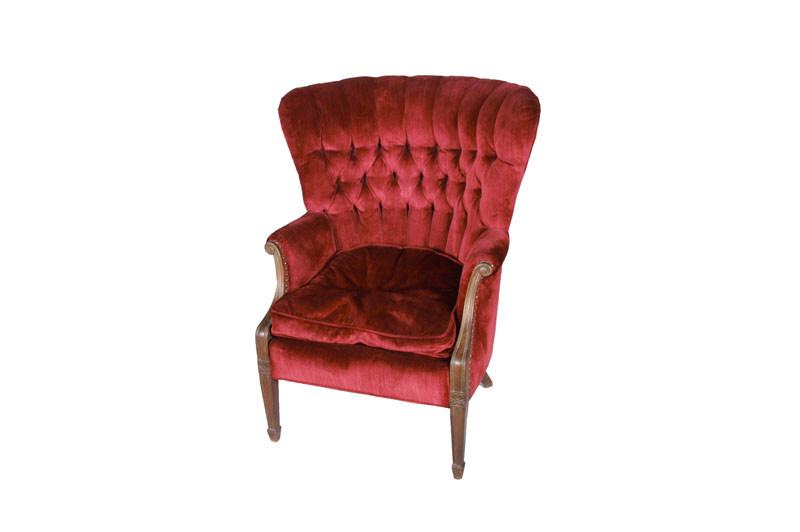 Channel Back Living Room Chair, Circa 1930s Burgandy velour upholstery