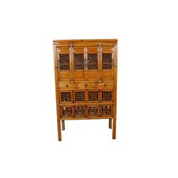 Asian Kitchen Cabinet Made of elm with spindle work, finished in original natural wood, open spindle