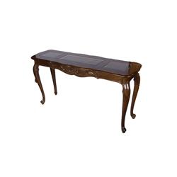 Burl Walnut Sofa Table Glass insets, cabriolet, contemporary, measures 52"Lx15"Wx27"H.Glass insets, 