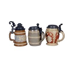 Collection of 3 Mettlach Steins #2077", "675", and #1740", all have pewter lids, all stamped on bott