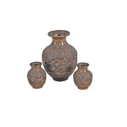 Early Hand Hammered European Vase Set 3 pieces of metal with garden scene of birds and flowers.3 pie