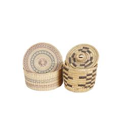 Collection of 2 Baskets Consisting of a Pima coiled basket with geometric designs which measures 5"x