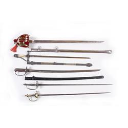 Bonanza Lot of Swords Consisting of 4 reenactment type swords and 1Knights of Columbus sword.Consist