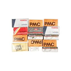 Box Lot of Hand Gun Ammo Including: 3 full boxes, Hornady 10mm 155 gr- 60rds 5 full boxes, PMC 9mm L