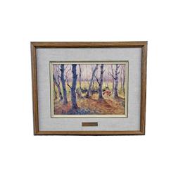 Oil on Board Entitled "Fox in Sunset Woods" By Clarence Tillenius, image size is10"x13"By Clarence T