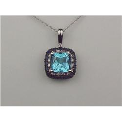 Hi-Quality 10K WG Ladies Designer Pendant Made and signed LEZ'ORO set with a center cushion but blue