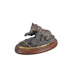 Bronze Grizzly Bear Fishing Signed O'Brien, measures 9"x5" on wooden base.Signed O'Brien, measures 9