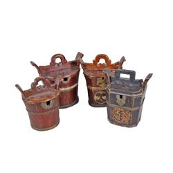 Collection of 4 Asian Wooden Baskets Used by children for shopping, carrying lunch or protecting any