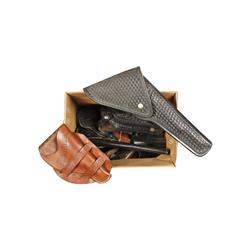 Lot of 10 Leather Holsters Mixed lot of leather holster, mostly maker marked. 2 paddle holsters, 2 l