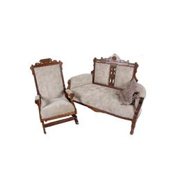 Antique Eastlake Settee with Matching Rocker Both have tan velour upholstery, settee measures 55"x38