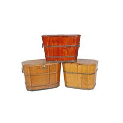 Asian Wooden Baskets with Lids Made from elm, one is stained with a cherry finish, the other two are