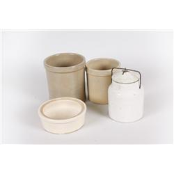 Collection of 4  Crockery Pieces One is stamped USA, one is a lidded jar.One is stamped USA, one is 