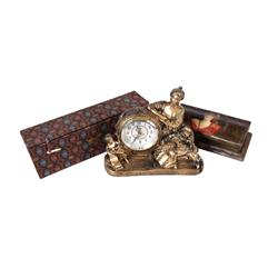Collection of 3 Items Including a reproduction Victorian mantle clock by Prosa,a floral design box, 