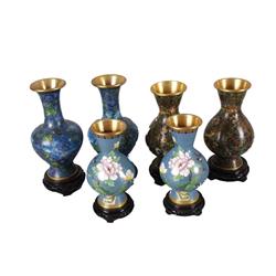 Lot of 6 Asian Cloisonne Vases Made in the Peoples Republic of China, on wooden stands.Made in the P