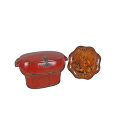 Collection of 2 Asian Items Including an Asian red lacquer wooden basket and an Asian wooden plate w