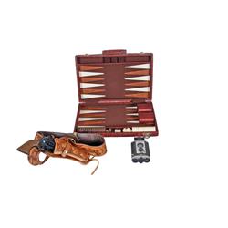 Bonanza Lot of Items Including a Backgammon game in case, a leather holster with Crossman arms pelle