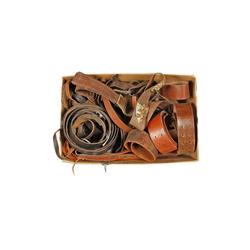 Lot of Leather Belts, Straps and Slings Miscellaneous leather goods, some branded. Two youth belts w