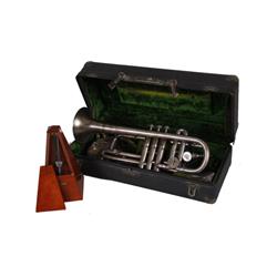 Antique Trumpet in Case Made by G G Connlrd Elkhart Ind, includes Seth Thomas tempo keeper.Made by G