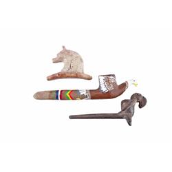 Collection of 3 Pipes Including a South American toucan effigy peace pipe modeled from clay, appears