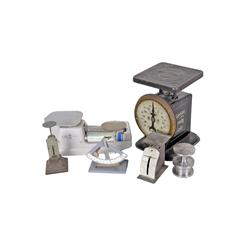 Collection of 6 Scales Various types and ages, and a very unique copper thermometer in a shadowbox.V