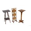 Image 1 : Collection of 3 Antique Plant Stands 1- square top oak stand measures 31"H, 1- mahogany stand with s