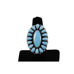 Navajo Ladies Sterling Silver Ring Has Sleeping Beauty turquoise, stamped "HTM" silversmith Henry Mo