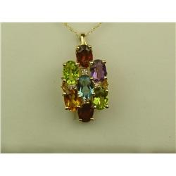 Charming 14K Yellow Gold Ladies Pendant Set with multi-colored gemstones and side diamonds weighing 