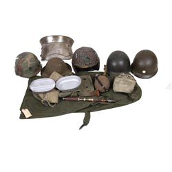 Bonanza Lot of Military Items Including helmets, canteens, and other gear.Including helmets, canteen