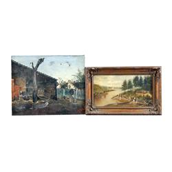 Collection of 2 Original Antique Oils One Thofmansky, dated 1899 depicting farm life, measures 22"x1