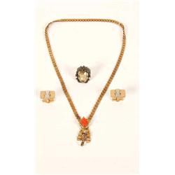 Victorian Jewelry Collection Consisting of a glass or quartz ring, a set of men's cufflinks, and a v