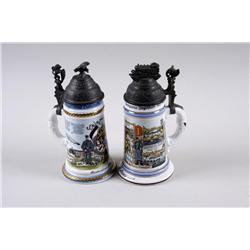 Lot of 2 Regimental Steins with Pewter Lids 1.5L ea, one is stamped on bottom Made in Germany, the o
